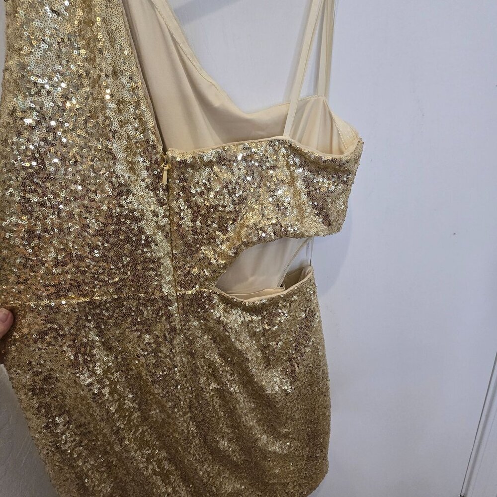 BCBGMAXAZRIA Gold Sequin One-Shoulder Mini Draped Side Cutout XL Holiday Party - Picture 8 of 16
